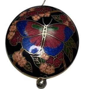Butterfly Necklace Round Cloisonne Enamel Black Cord